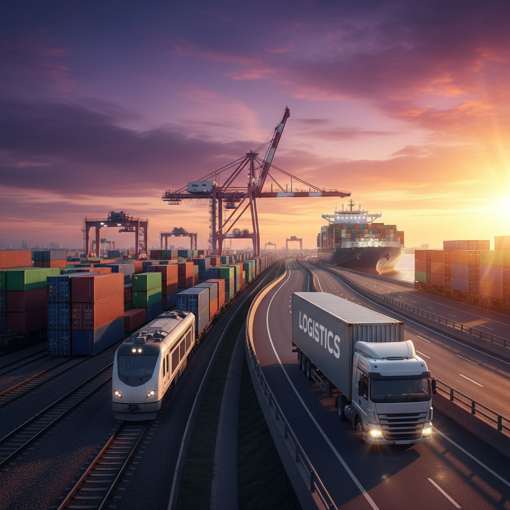 Imagen completa de logística con barco, tren y camión